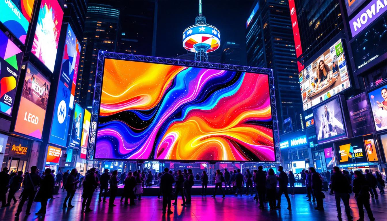 A photograph of a vibrant led display in a dynamic urban setting