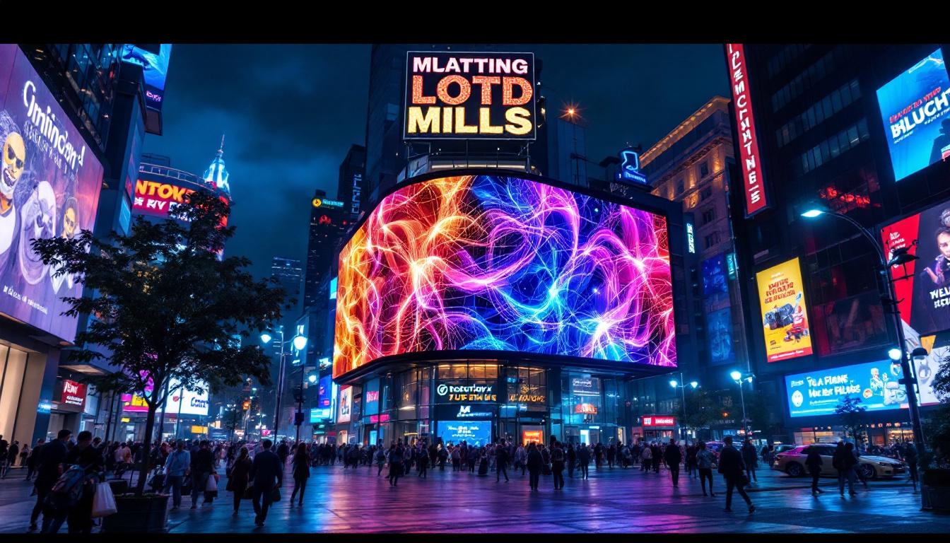 A photograph of a vibrant led display in a bustling urban setting at night