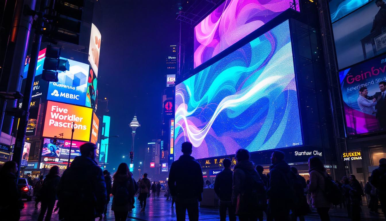 A photograph of a vibrant led display sign in a bustling urban environment