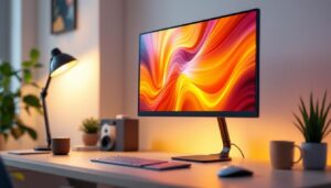 A photograph of a modern workspace featuring a sleek led display mounted on an adjustable monitor stand