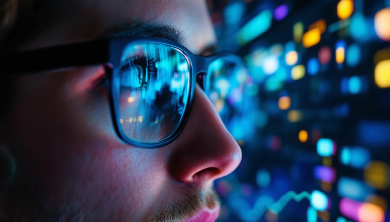 A photograph of a close-up shot of a person wearing specialized lcd monitor glasses while working on a vibrant led display