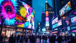 A photograph of a vibrant led display in a bustling urban setting