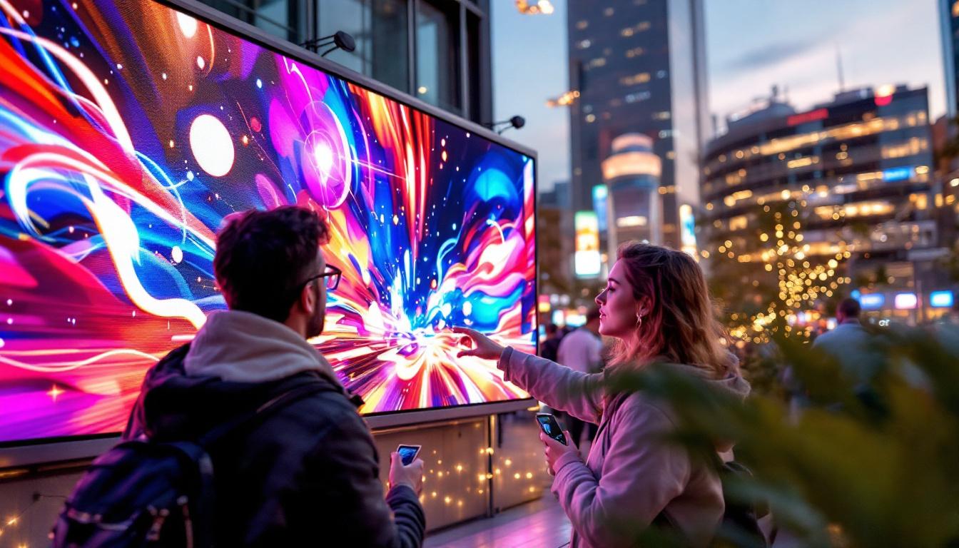 A photograph of a vibrant outdoor setting featuring a high-resolution led display in action