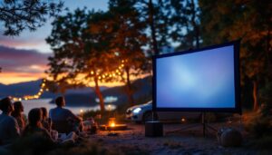 A photograph of a portable projector screen set up outdoors