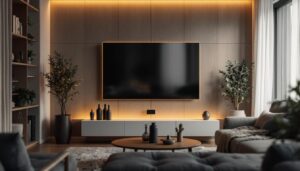 A photograph of a modern mobile home interior featuring a stylish led display integrated into the wallboard