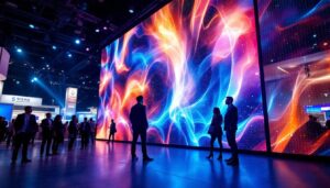 A photograph of a vibrant led display in action at a trade show