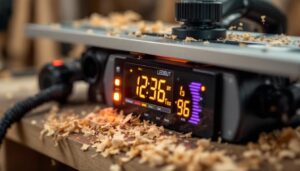 A photograph of a close-up shot of a tabletop planer with its led display illuminated