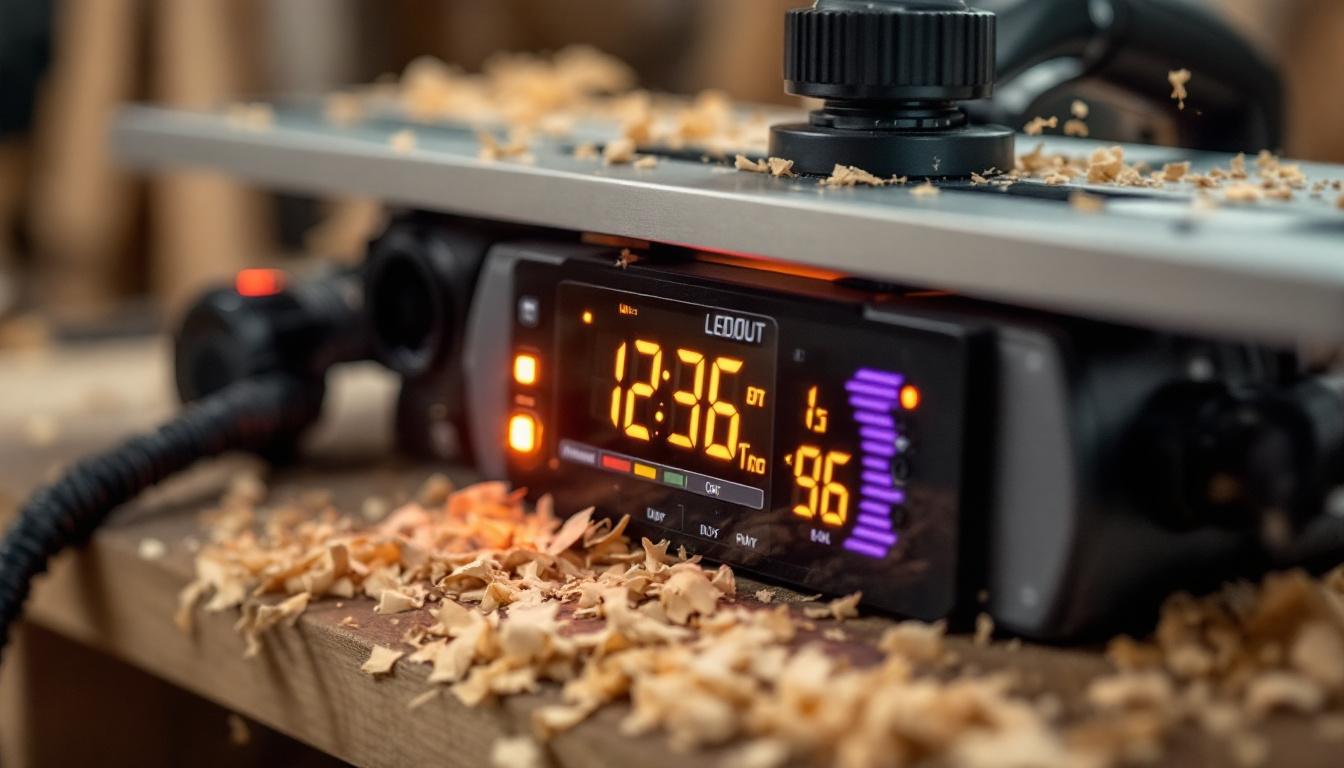 A photograph of a close-up shot of a tabletop planer with its led display illuminated
