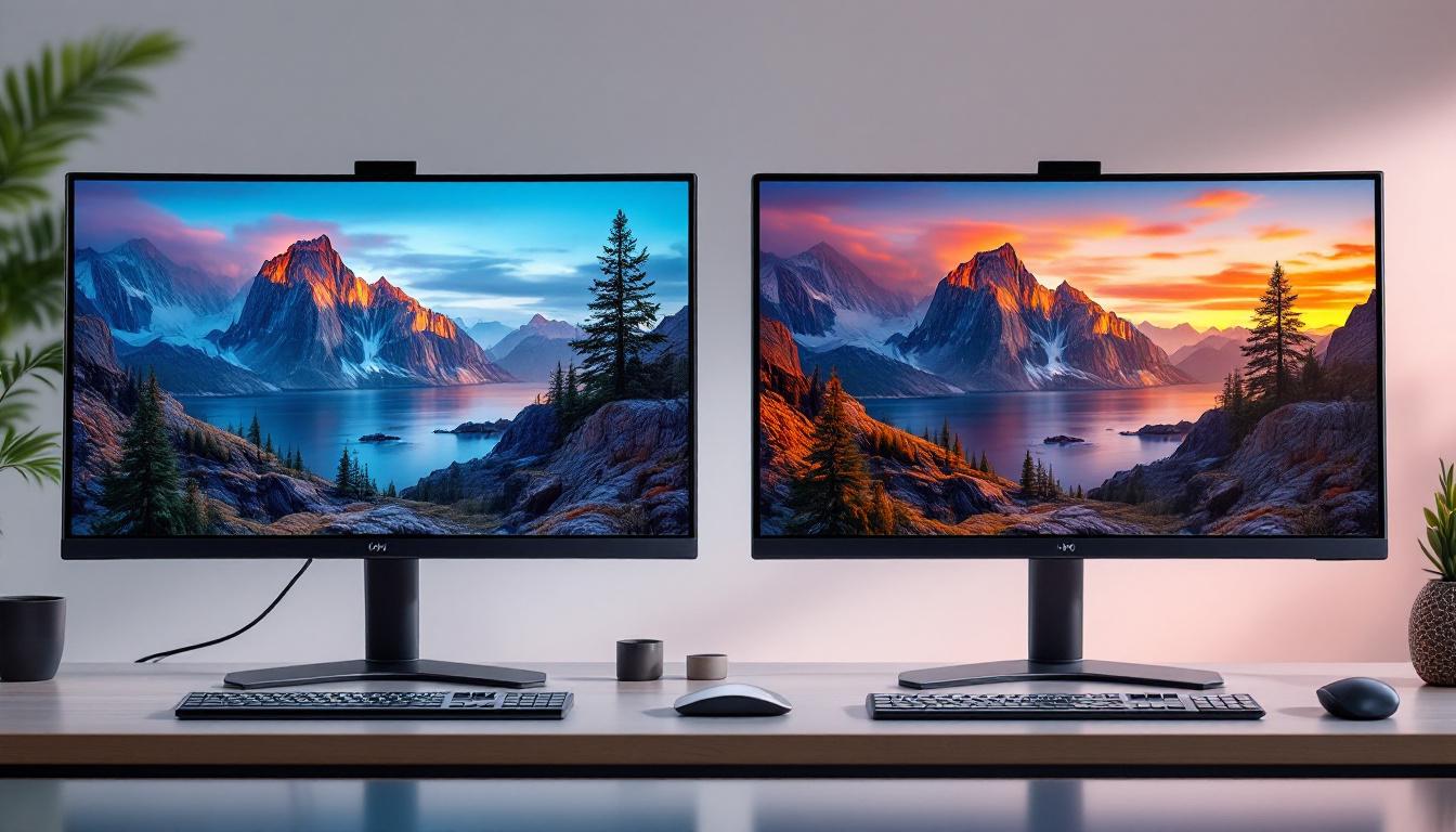 A photograph of a side-by-side comparison of two monitors
