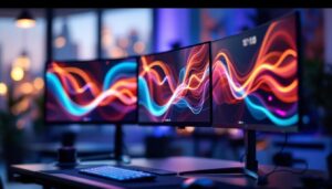 A photograph of a sleek and modern triple monitor setup in a well-lit workspace
