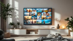 A photograph of a sleek digital frame displaying a vibrant video montage