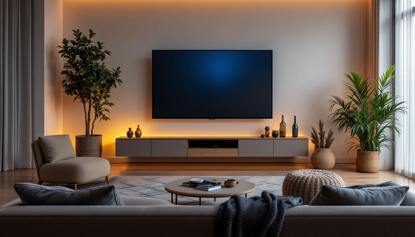 A photograph of a cozy living room setup featuring a 65-inch led tv at an optimal viewing distance