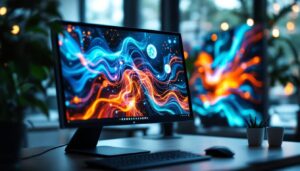 A photograph of a sleek hp touch screen computer monitor displaying vibrant led graphics