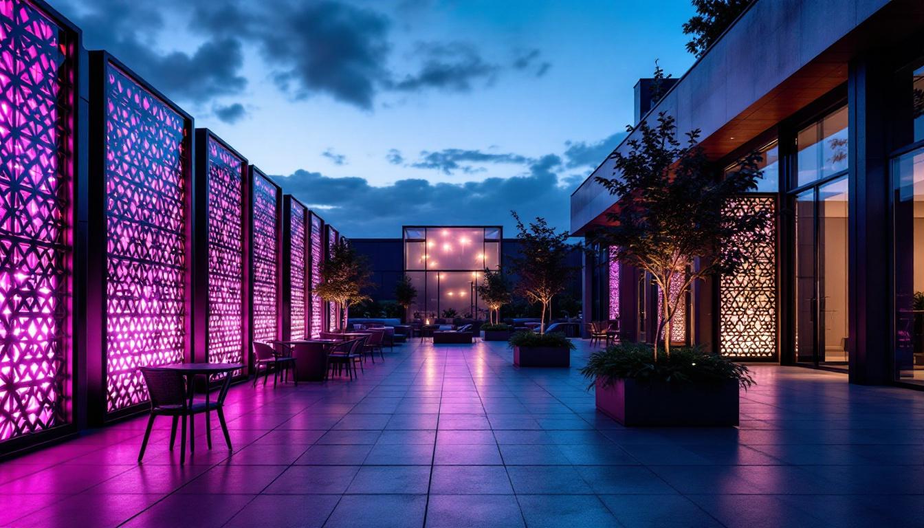A photograph of capture a photograph of a beautifully designed outdoor space featuring lattice panels integrated with vibrant led displays