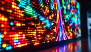 A photograph of a vibrant led display showcasing dynamic colors and patterns