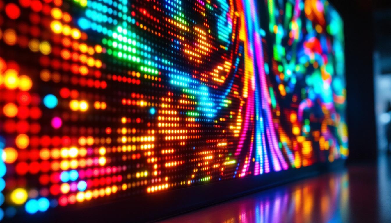 A photograph of a vibrant led display showcasing dynamic colors and patterns