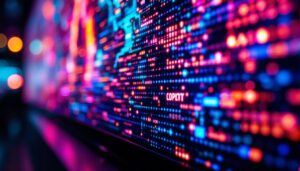 A photograph of a close-up shot of a vibrant led display screen showcasing dynamic colors and images