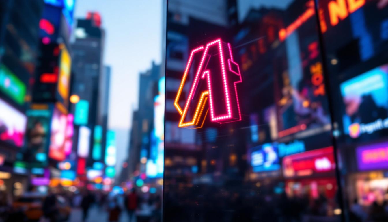 A photograph of a vibrant led display showcasing a dynamic logo in a bustling urban environment