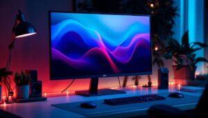 A photograph of a sleek 22-inch led monitor displayed on a stylish desk setup
