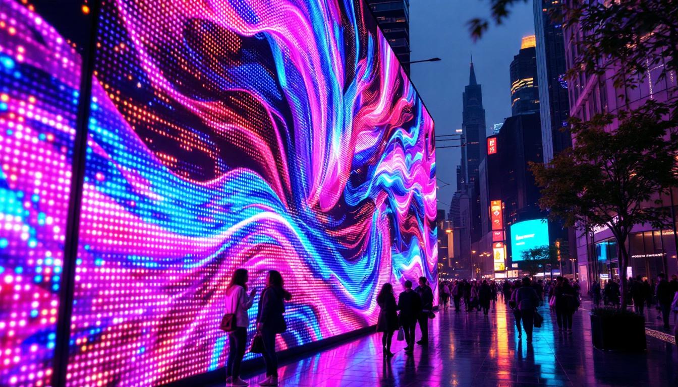 A photograph of a vibrant led display in an urban setting