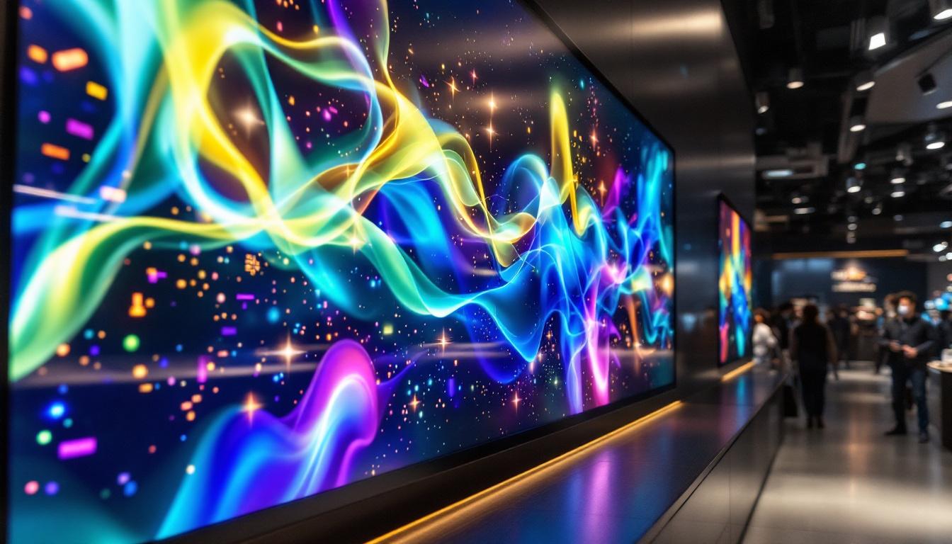 A photograph of a vibrant led display showcasing dynamic wall branding in a modern retail environment
