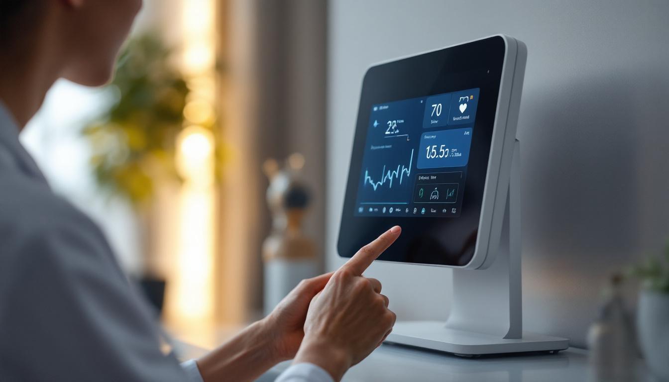 A photograph of capture a photograph of a sleek health monitor with a touch screen and led display