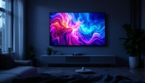 A photograph of a sleek black wall projector in a dimly lit room