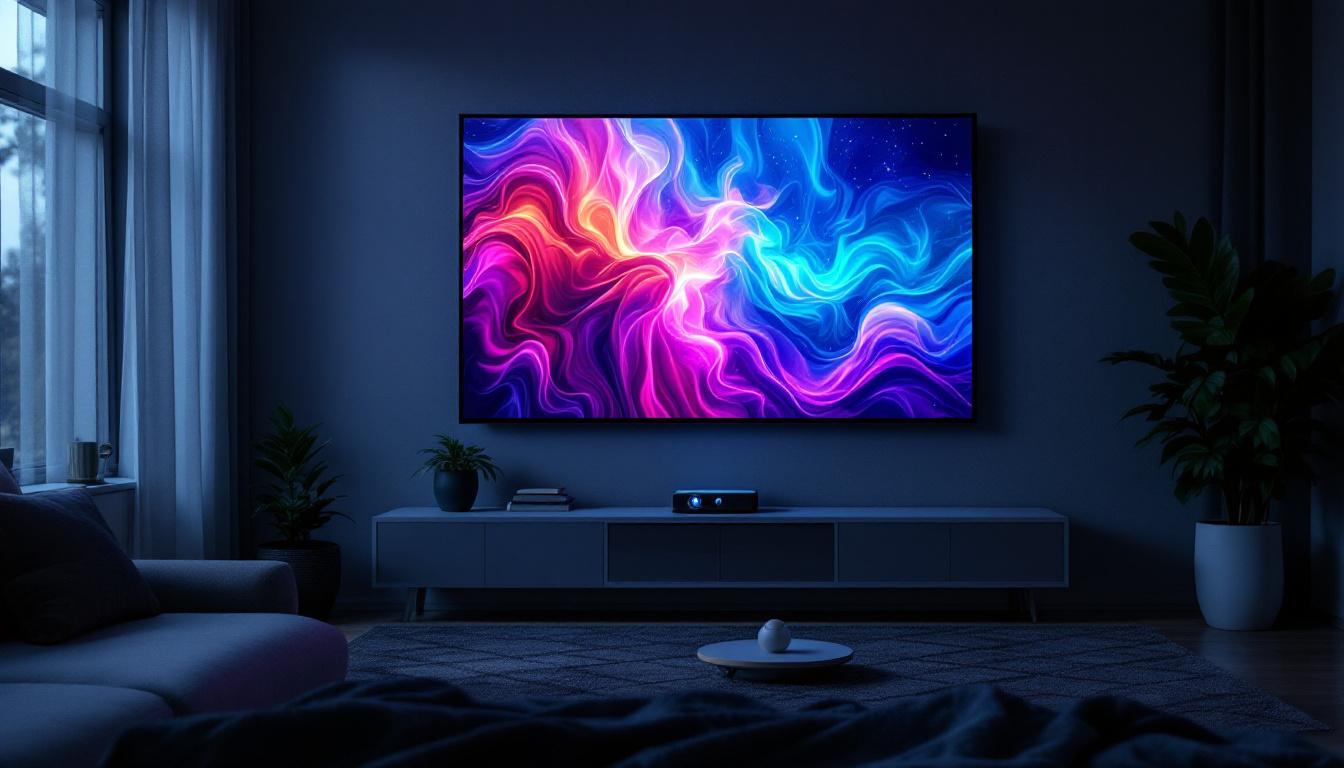 A photograph of a sleek black wall projector in a dimly lit room