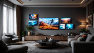A photograph of a modern living room featuring multiple led tvs mounted on the wall