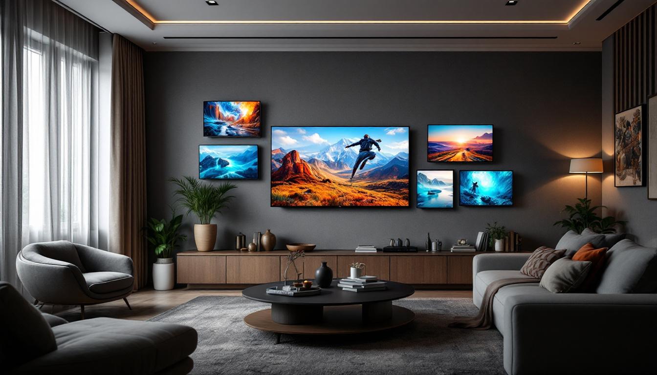 A photograph of a modern living room featuring multiple led tvs mounted on the wall