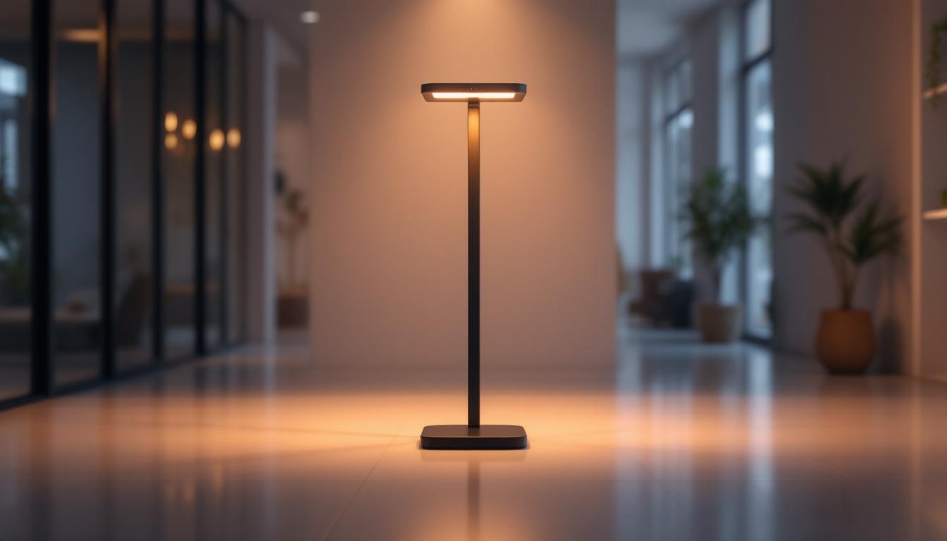 A photograph of a sleek standing led light in a well-lit environment