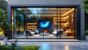 A photograph of a beautifully designed aluminum screen room featuring an integrated led display