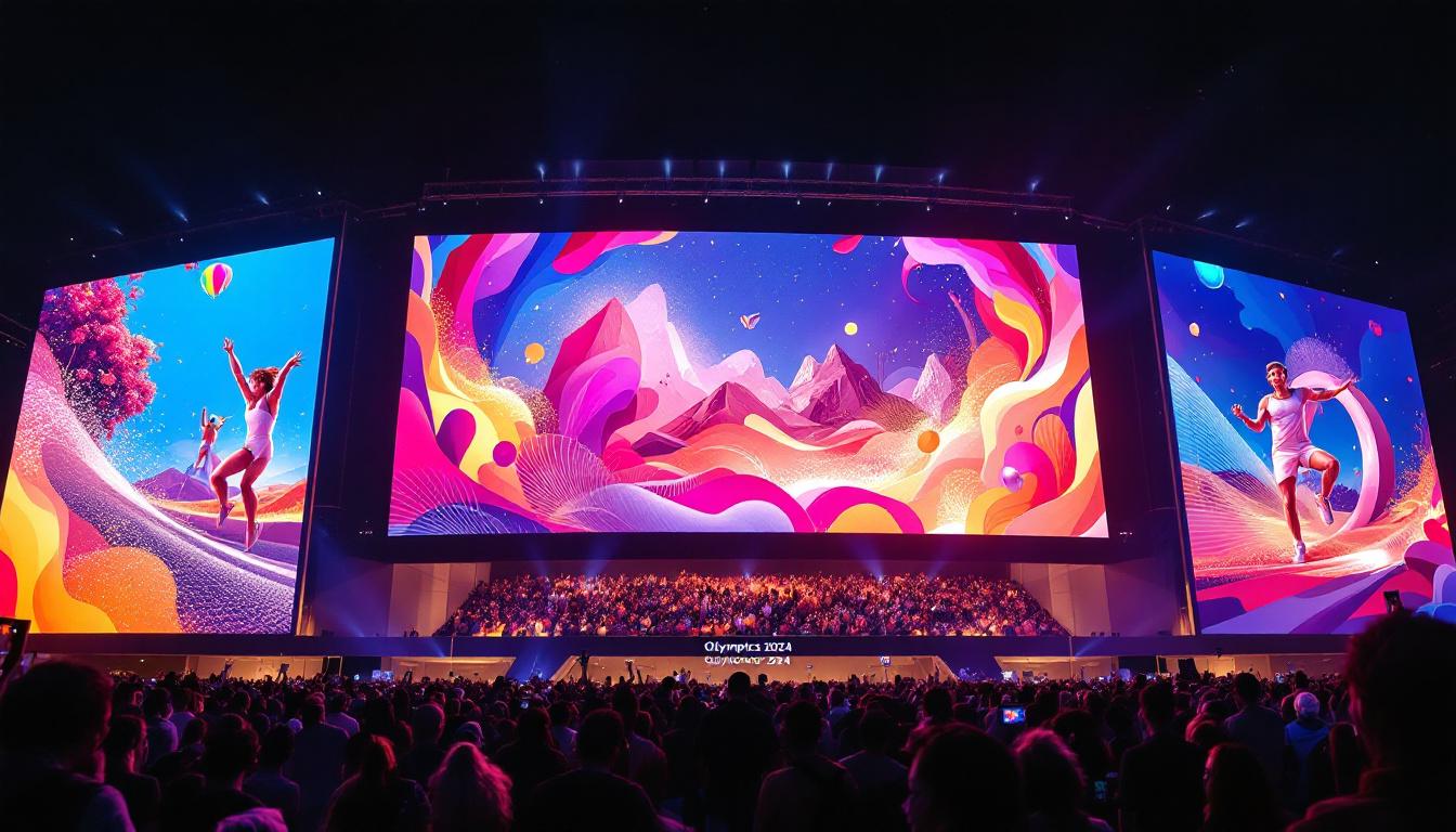A photograph of a vibrant led display showcasing dynamic graphics and visuals related to the olympics 2024