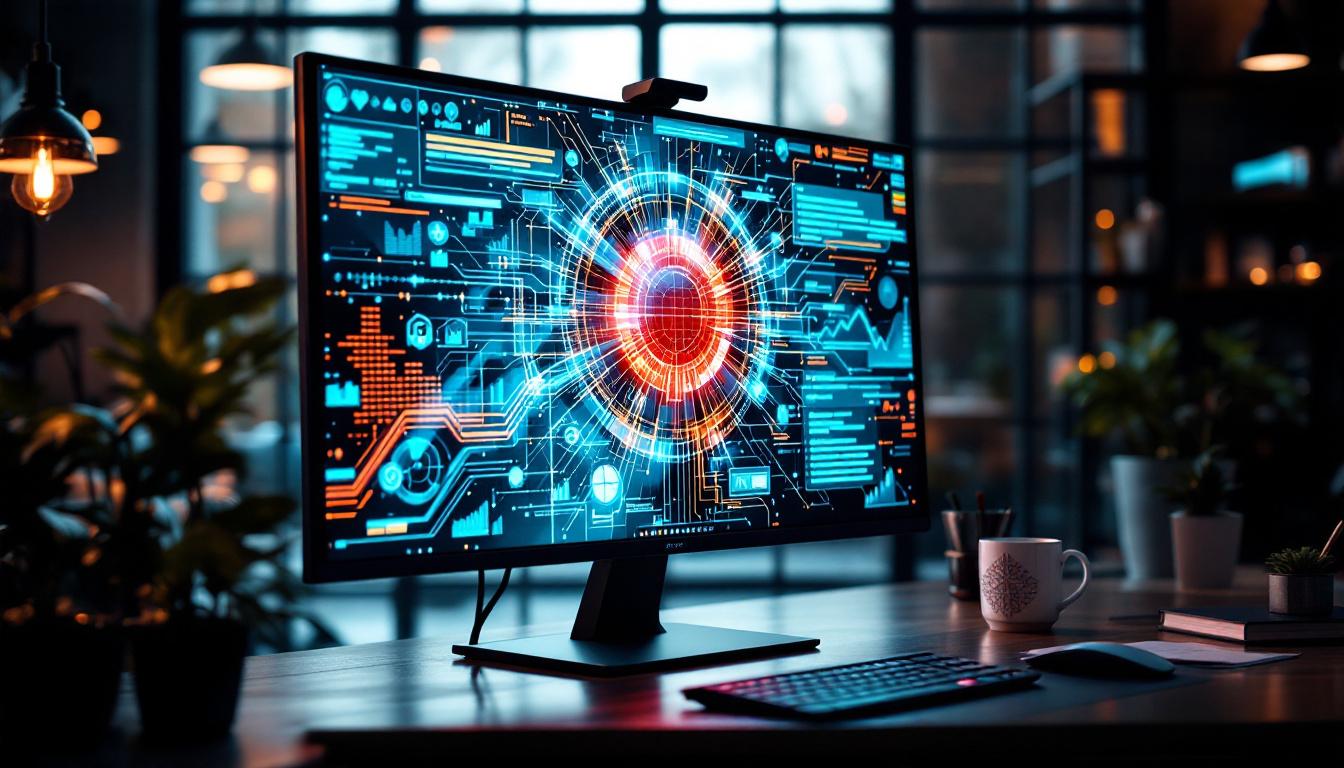 A photograph of a vibrant big touch screen monitor displaying an interactive led interface