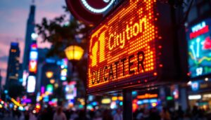 A photograph of a vibrant led outdoor sign in use during twilight
