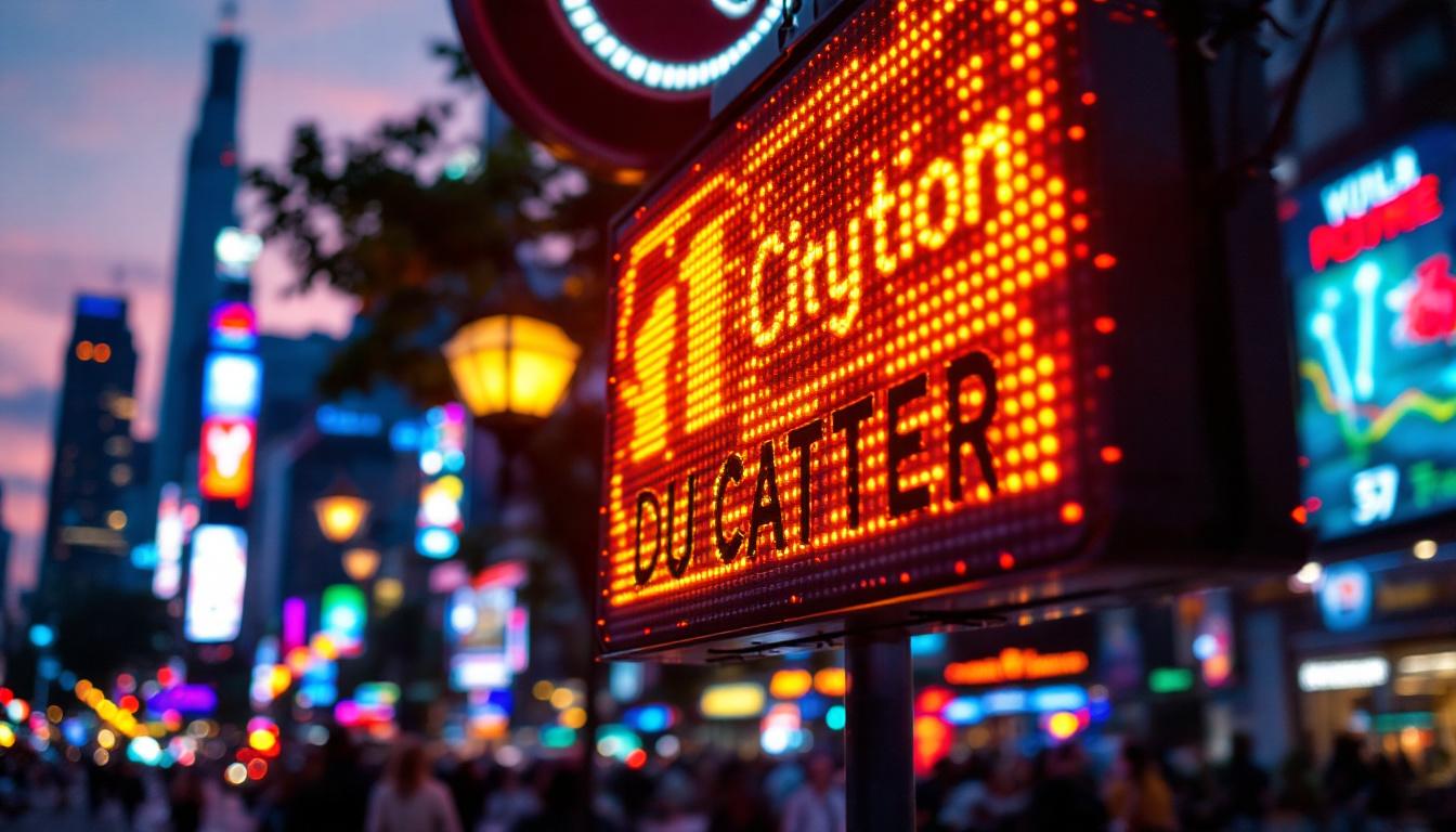 A photograph of a vibrant led outdoor sign in use during twilight