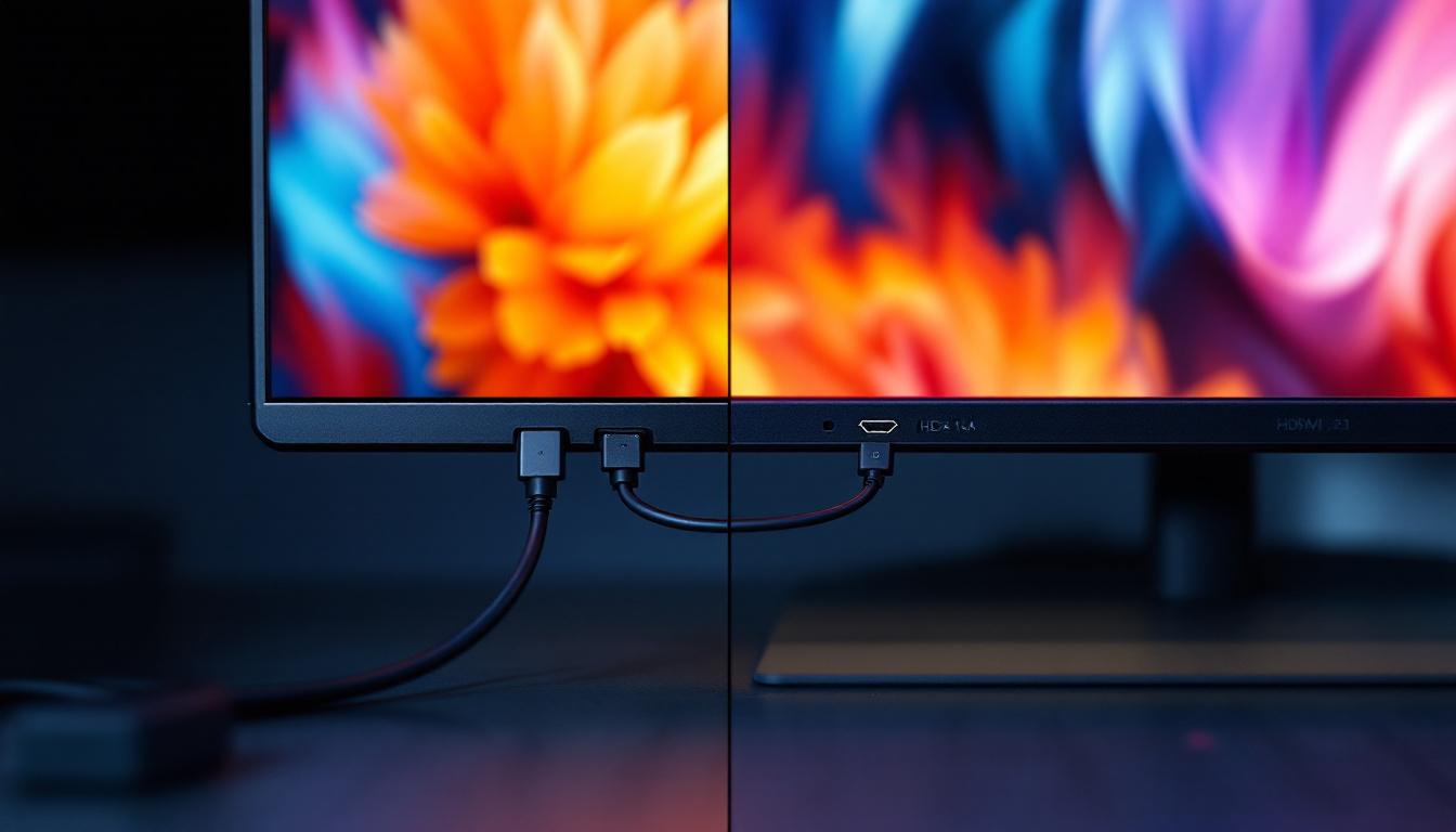 A photograph of a side-by-side comparison of a displayport 1.4a and an hdmi 2.1 cable connected to an led display