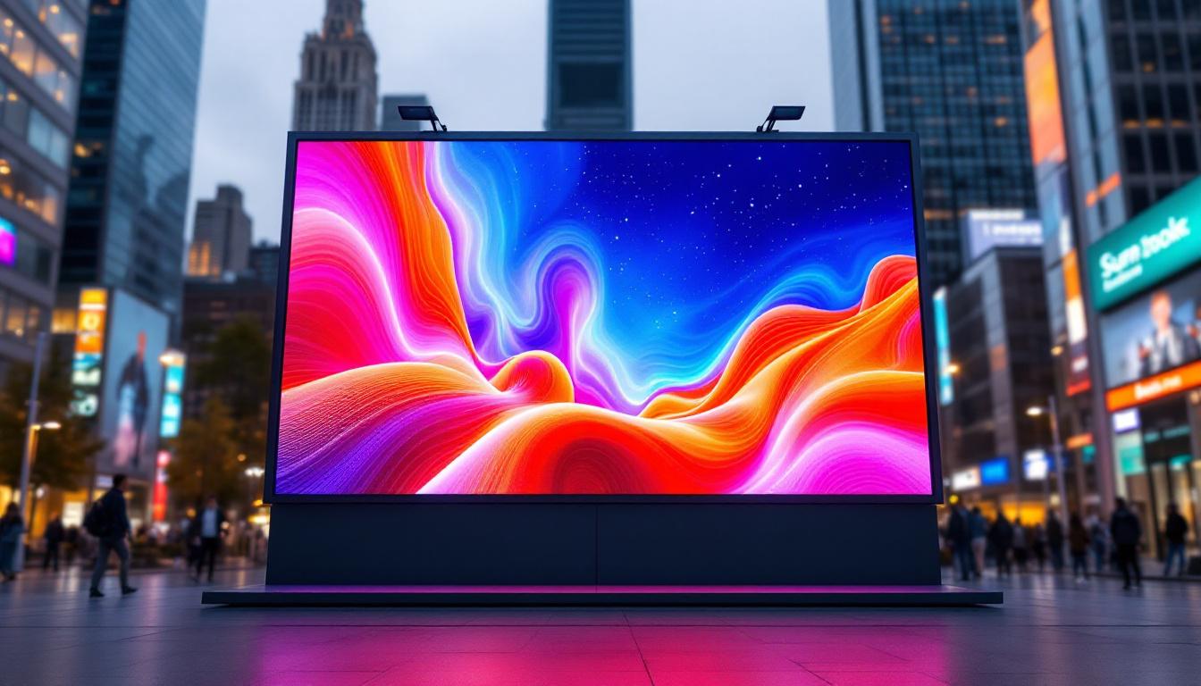 A photograph of a vibrant led display in a dynamic urban setting