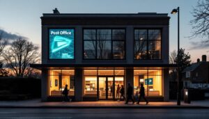 A photograph of the standish post office's exterior at dusk