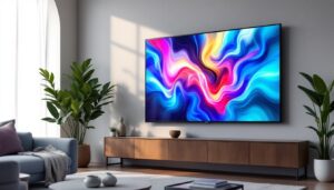 A photograph of a sleek 50-inch plasma screen displaying vibrant led visuals in a modern living room setting