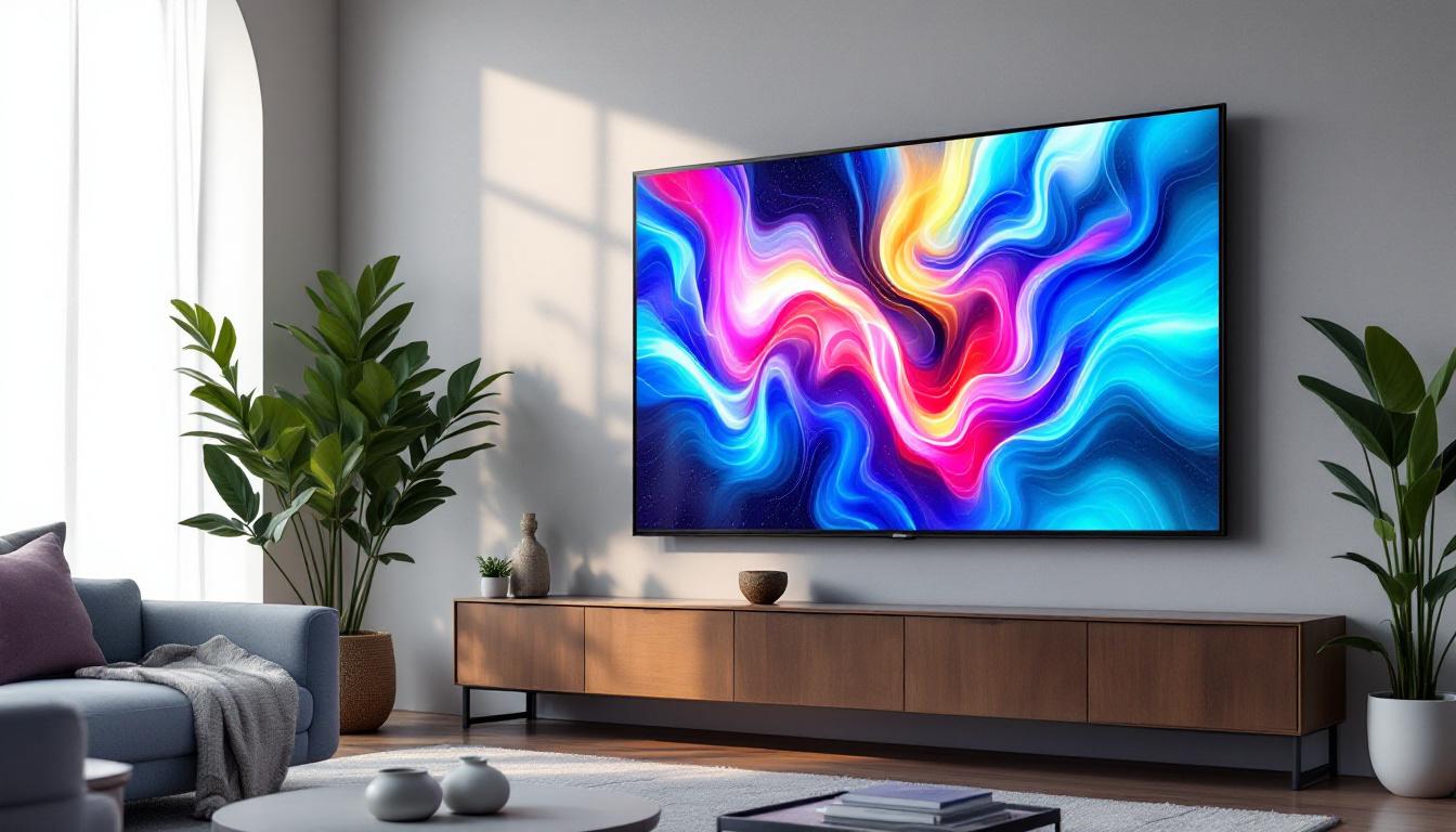 A photograph of a sleek 50-inch plasma screen displaying vibrant led visuals in a modern living room setting