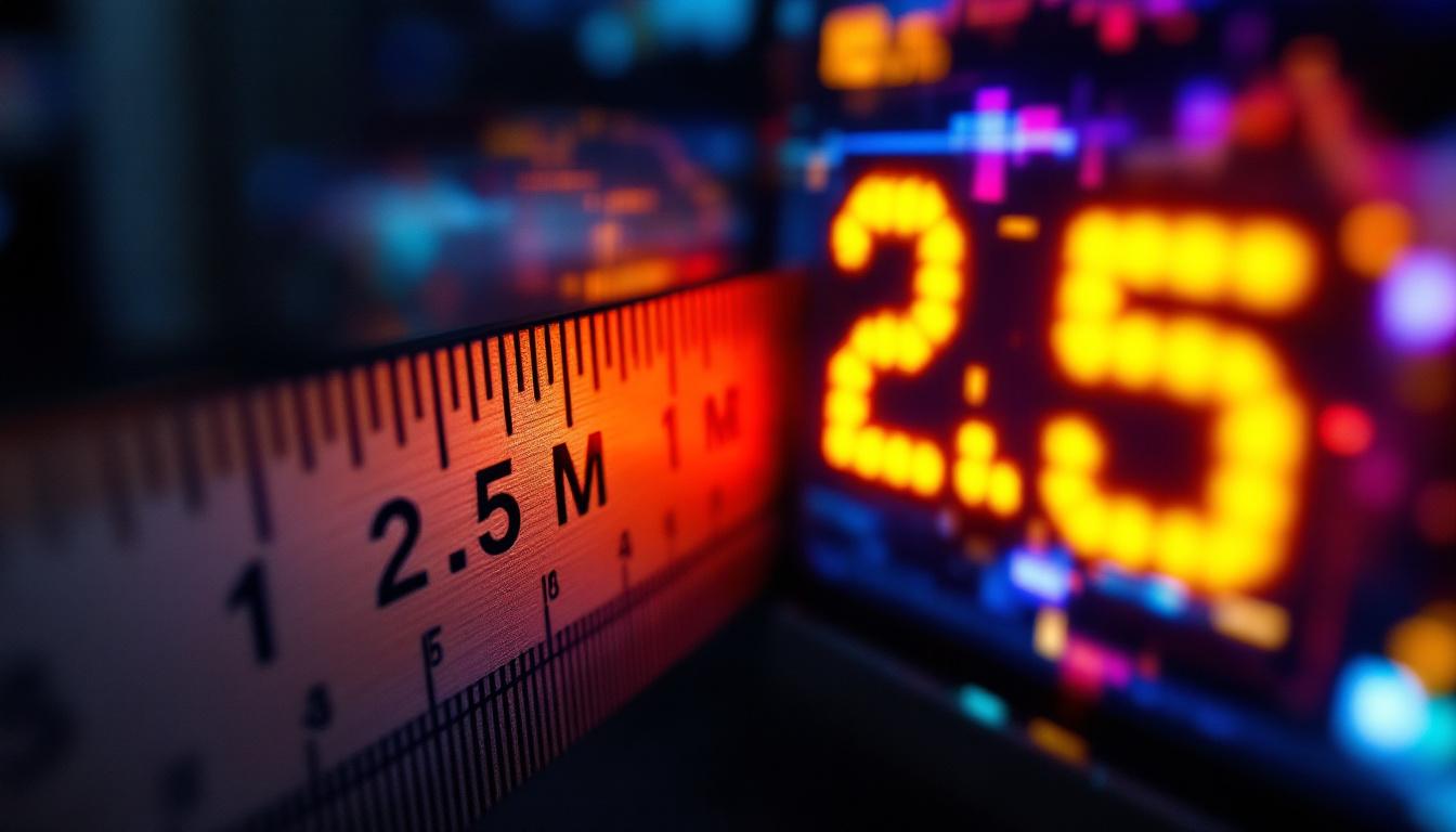 A photograph of a close-up shot of a ruler or measuring tape displaying the conversion of 2.5 inches to millimeters