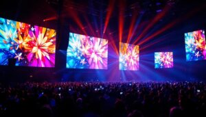 A photograph of a large venue projector in action