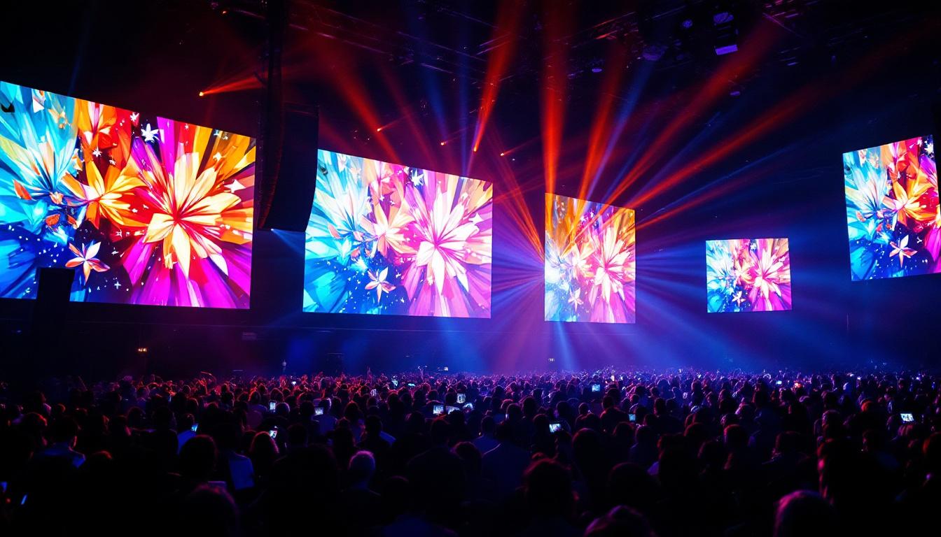 A photograph of a large venue projector in action