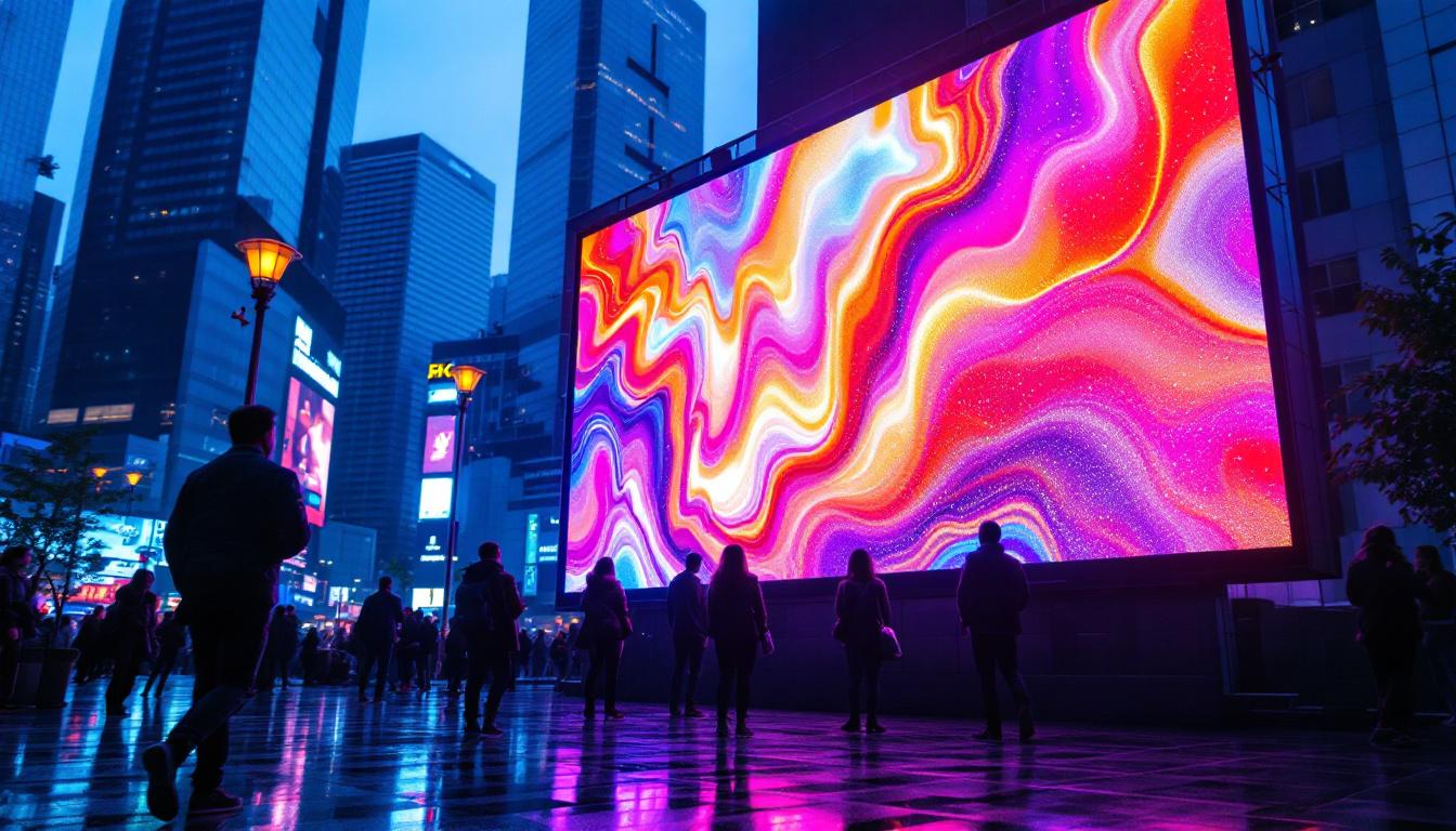 A photograph of a vibrant led display in a dynamic urban setting