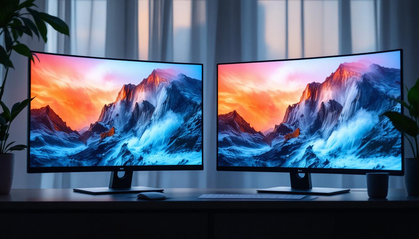 A photograph of a side-by-side comparison of a curved monitor and a flat monitor