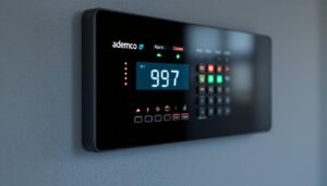 A photograph of the ademco 997 alarm panel prominently displaying its led screen