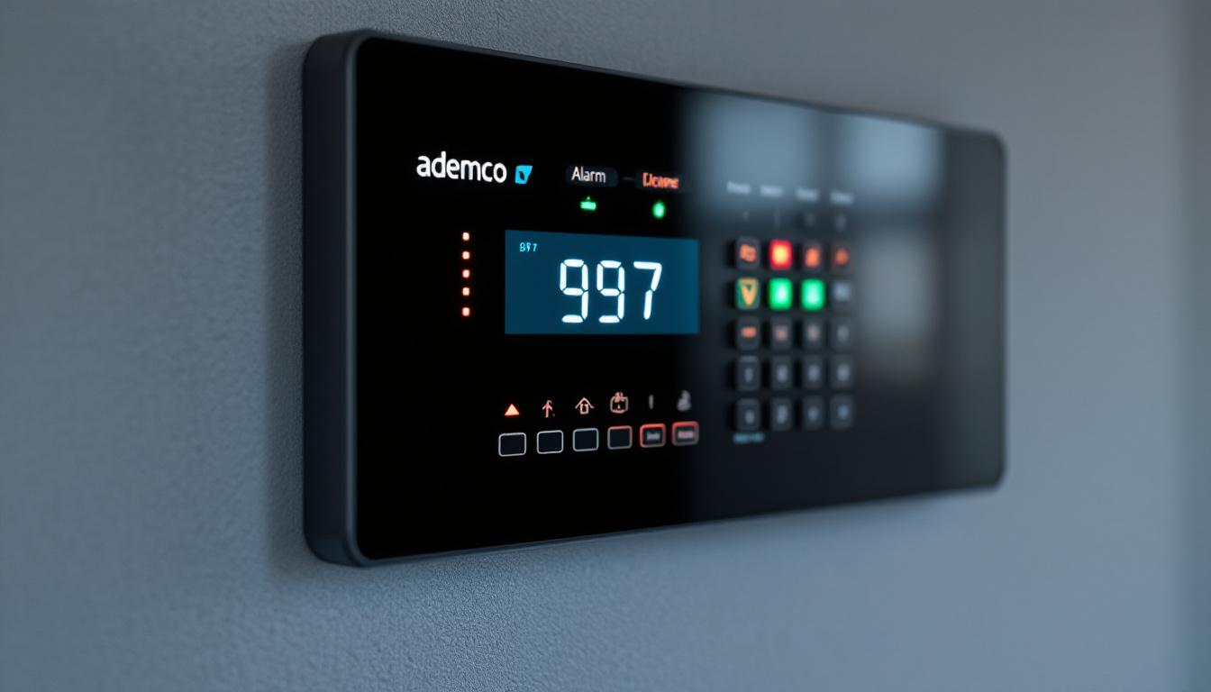 A photograph of the ademco 997 alarm panel prominently displaying its led screen