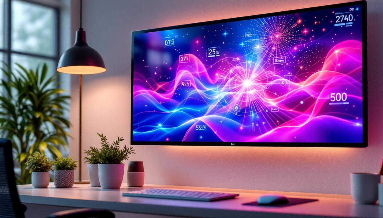 A photograph of a sleek panel mount touch screen monitor displaying vibrant led graphics in a modern workspace setting
