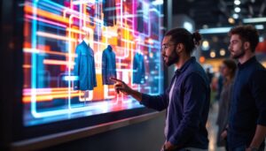 A photograph of a vibrant and engaging led display showcasing walls workwear products in a dynamic retail environment